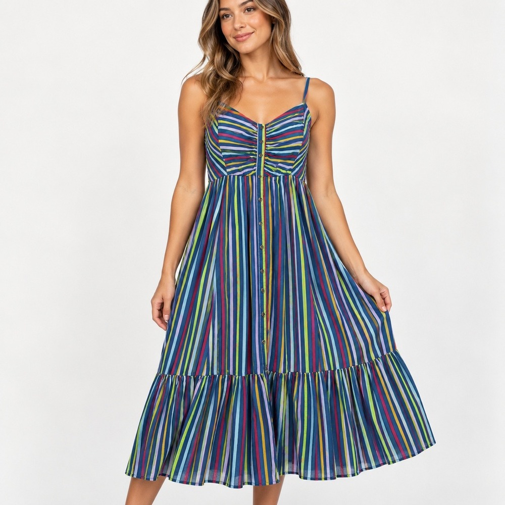 Torrid Multi Color Stripe Button Front Smocked Back Midi Dress Womens Size 2
